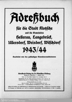 Adreßbuch für die Stadt Klotzsche und die Gemeinden Hellerau, Langebrück, Ullersdorf, Weixdorf, Wilschdorf 1943/44