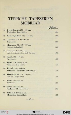 Teppiche, Tapisserien, Mobiliar (Nr. 78-141)