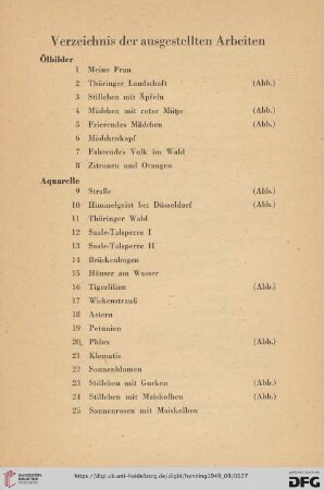 Verzeichnis der ausgestellten Arbeiten