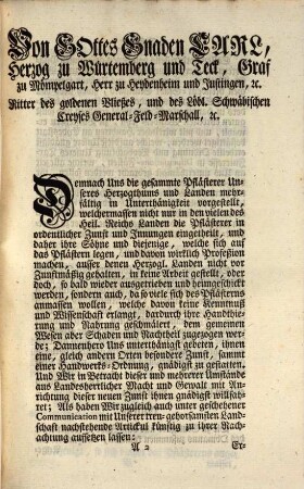 Stuttgard. Neuertheilte Herzogliche Pfläster-Ordnung : d.d. 30 September 1768.