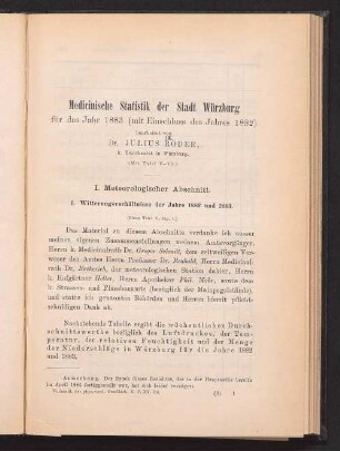 Medicinische Statistik der Stadt Würzburg für das Jahr 1883 (mit Einschluss des Jahres 1882)