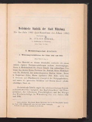 Medicinische Statistik der Stadt Würzburg für das Jahr 1883 (mit Einschluss des Jahres 1882)