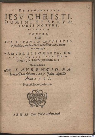 De Divinitate Jesu Christi, Domini Et Servatoris Nostri, Aeterna, Theses