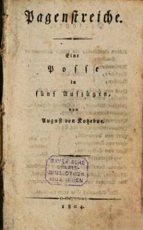 Pagenstreiche : Eine Pose in fünf Aufzügen
