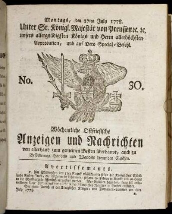 No. 30. Montags, den 27ten July 1778.