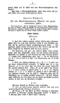 Zweiter Abschnitt. Die vier Grundrechnungsarten (Species) mit ganzen unbenannten Zahlen.