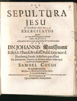 De Sepultura Jesu ex Occasione dicti Jes. 53. 9. Exercitatio