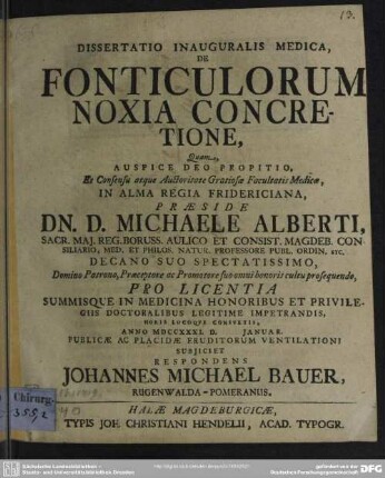 Dissertatio Inauguralis Medica, De Fonticulorum Noxia Concretione