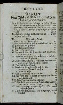 Anzeiger derer Titel und Rubricken, welche in diesem Buch vorkommen.