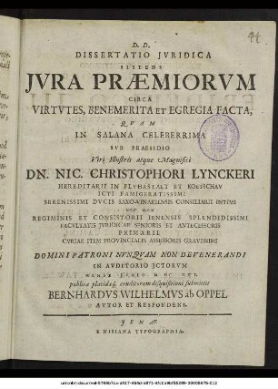 Dissertatio Iuridica Sistens Iura Praemiorum Circa Virtutes, Benemerita Et Egregia Facta