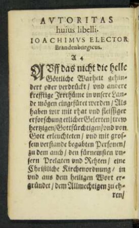 Autoritas huius libelli. Ioachimus Elector Brandenburgicus.