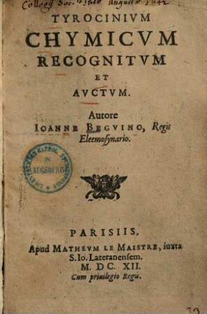 Tyrocinium Chymicum recognitum & auctum