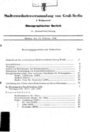 Nr. 55, 16. Februar 1948, Ordentliche Sitzung