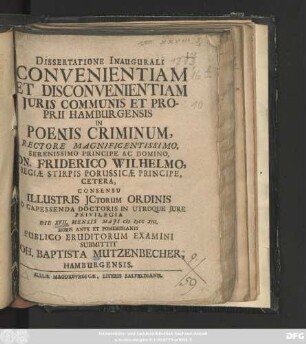 Dissertatione Inaugurali Convenientiam Et Disconvenientiam Juris Communis Et Proprii Hamburgensis In Poenis Criminum,