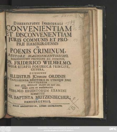 Dissertatione Inaugurali Convenientiam Et Disconvenientiam Juris Communis Et Proprii Hamburgensis In Poenis Criminum,