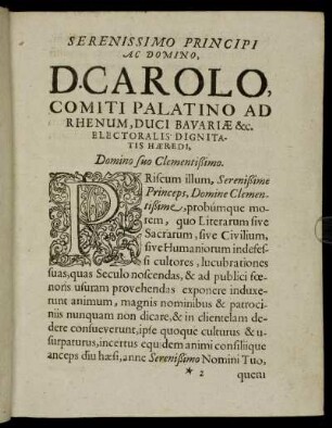 Serenissimo Principi Ac Domino, D. Carolo, Comitit Palatino Ad Rhenum, Duci Bavariæ [...]