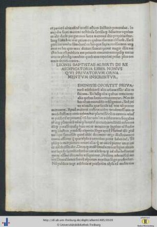 Leonis Baptiste Alberti De Re Aedificatoria Liber Nonus Qui Privatorum Ornamentum Inscribitur.