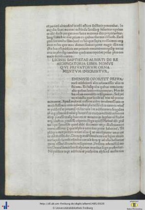 Leonis Baptiste Alberti De Re Aedificatoria Liber Nonus Qui Privatorum Ornamentum Inscribitur.