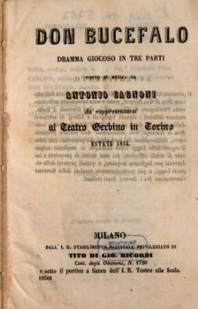 Don Bucefalo : dramma giocoso in tre parti ; da rappresentarsi al Teatro Gerbino in Torino, estate 1854