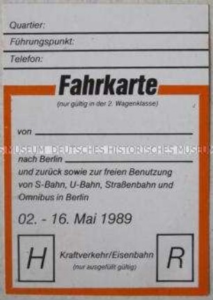 Fahrkarte (blanko) für Eisenbahn und BVG für Mitwirkende am Pfingsttreffen der FDJ in Berlin