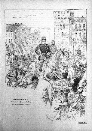 Kaiser Wilhelm II. bringt die Fahnen heim. Original-Zeichnung von C. Sellmer