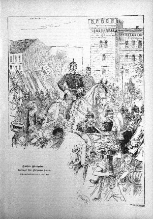 Kaiser Wilhelm II. bringt die Fahnen heim. Original-Zeichnung von C. Sellmer