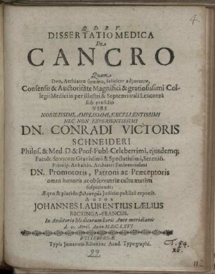 Dissertatio Medica De Cancro