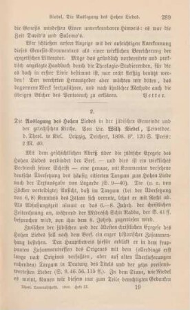 289-291 [Rezension] Riedel, Wilhelm, Die Auslegung des Hohenliedes in der jüdischen Gemeinde und der griechischen Kirche