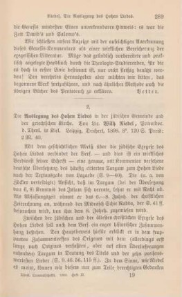 289-291 [Rezension] Riedel, Wilhelm, Die Auslegung des Hohenliedes in der jüdischen Gemeinde und der griechischen Kirche