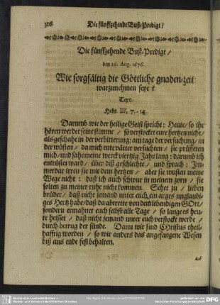 Die fünffzehende Buß-Predigt, den 26. Aug. 1676. Wie sorgfältig die Göttliche gnaden-zeit warzunehmen seye?