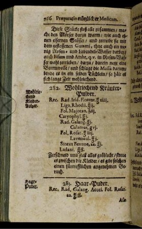 283. Haar-Puder. - 340. Essig zu destilliren/ so Metallen angreiffet.