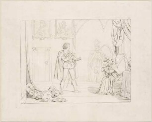 Zu Shakespeares "Hamlet", Blatt 10, 3. Akt, 4. Szene: Hamlet, seine Mutter, der getötete Polonius und der Geist