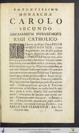 Potentissimo Carolo Secundo Hispaniarum Indiarumque Regi Catholico.