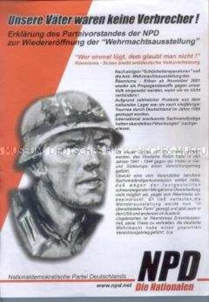 Flugblatt mit einer Erklärung des Parteivorstandes der NPD zur Wiedereröffnung der "Wehrmachtsausstellung"