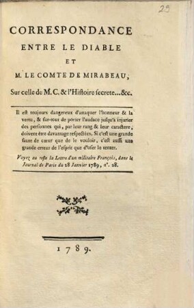 Correspondance entre le diable et M. le Comte de Mirabeau : sur celle de M. C. & l'Histoire secrete ... etc.