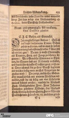 Neun und zwantzigste Abdanckung. Eben Derselben gehalten...