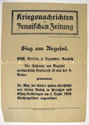 Nachrichtenblatt der "Jenaischen Zeitung" zu den Kämpfen vor Bukarest (Argesul)
