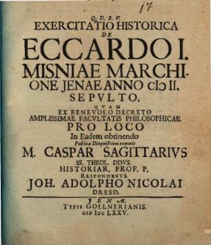 Exercitatio Historica De Eccardo I. Misniae Marchione Ienae Anno MII. Sepulto