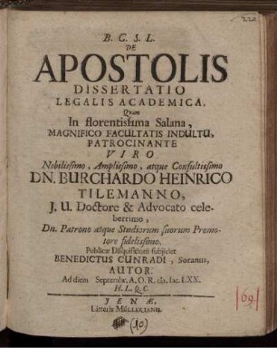 De Apostolis Dissertatio Legalis Academica