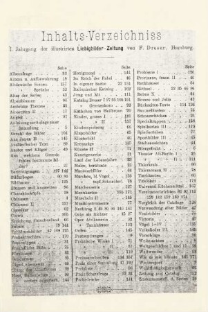 Inhalts-Verzeichniss I. Jahrgang der illustrirten Liebigbilder-Zeitung von F. Dresser, Hamburg.