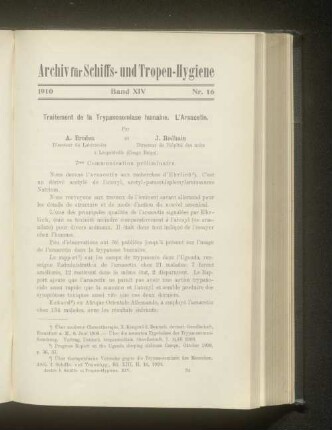 Traitement de la Trypanosomiase humaine. L'Arsacetin