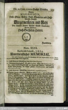 Num. XXXX. Bartholdi Feindii, J. U. Lt. Unterdienstliches Memorial
