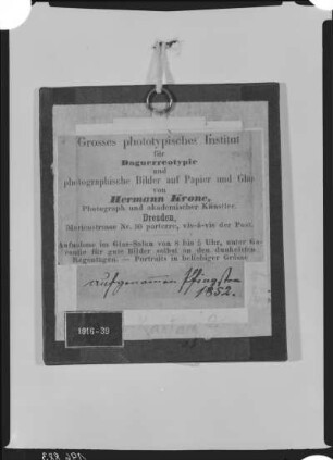 Rückseite einer gerahmten Daguerreotypie von Hermann Krone : Daguerreotypierückseite H. Krone, 1852