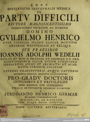 Dissertatio Inauguralis Medica De Partu Difficili ...