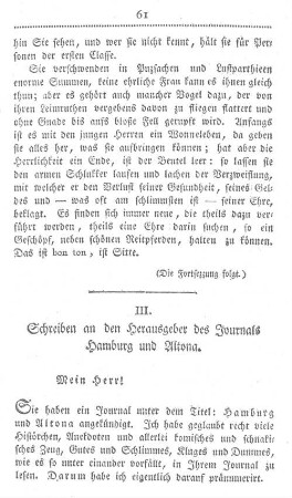 III. Schreiben an den Herausgeber des Journals Hamburg und Altona.