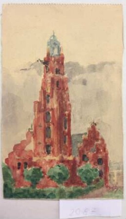 [Gebäude mit Treppengiebeln und hohem Turm]