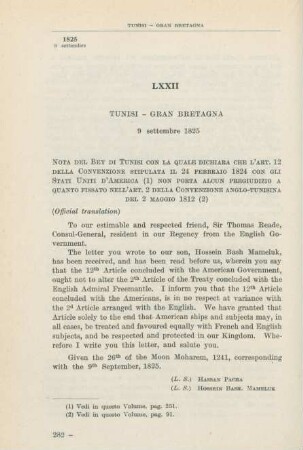 LXXII Tunisi - Gran Bretagna 9 settembre 1825