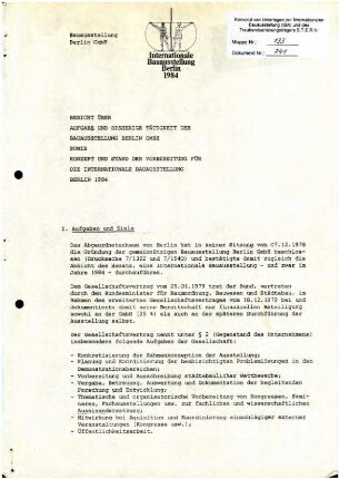 Tätigkeitsbericht: Bauausstellung Berlin               GmbH 1982