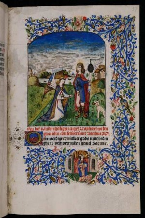 Vollbordürenseite mit Miniatur (Rochus mit dem Erzengel Raphael) und bewohnter Streumusterbordüre