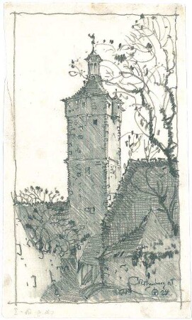 Gsaenger, Gustav; Rothenburg ob der Tauber (Bayern); Landschafts - und Gebäudestudien - Häusergruppe mit Kirche (Ansicht)